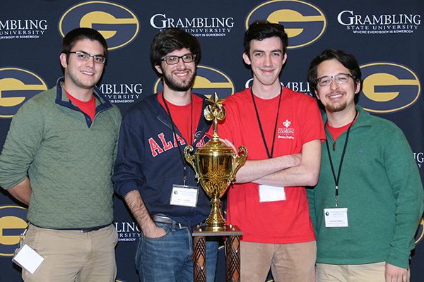 The UL Lafayette Quiz Bowl team with championship trophy
