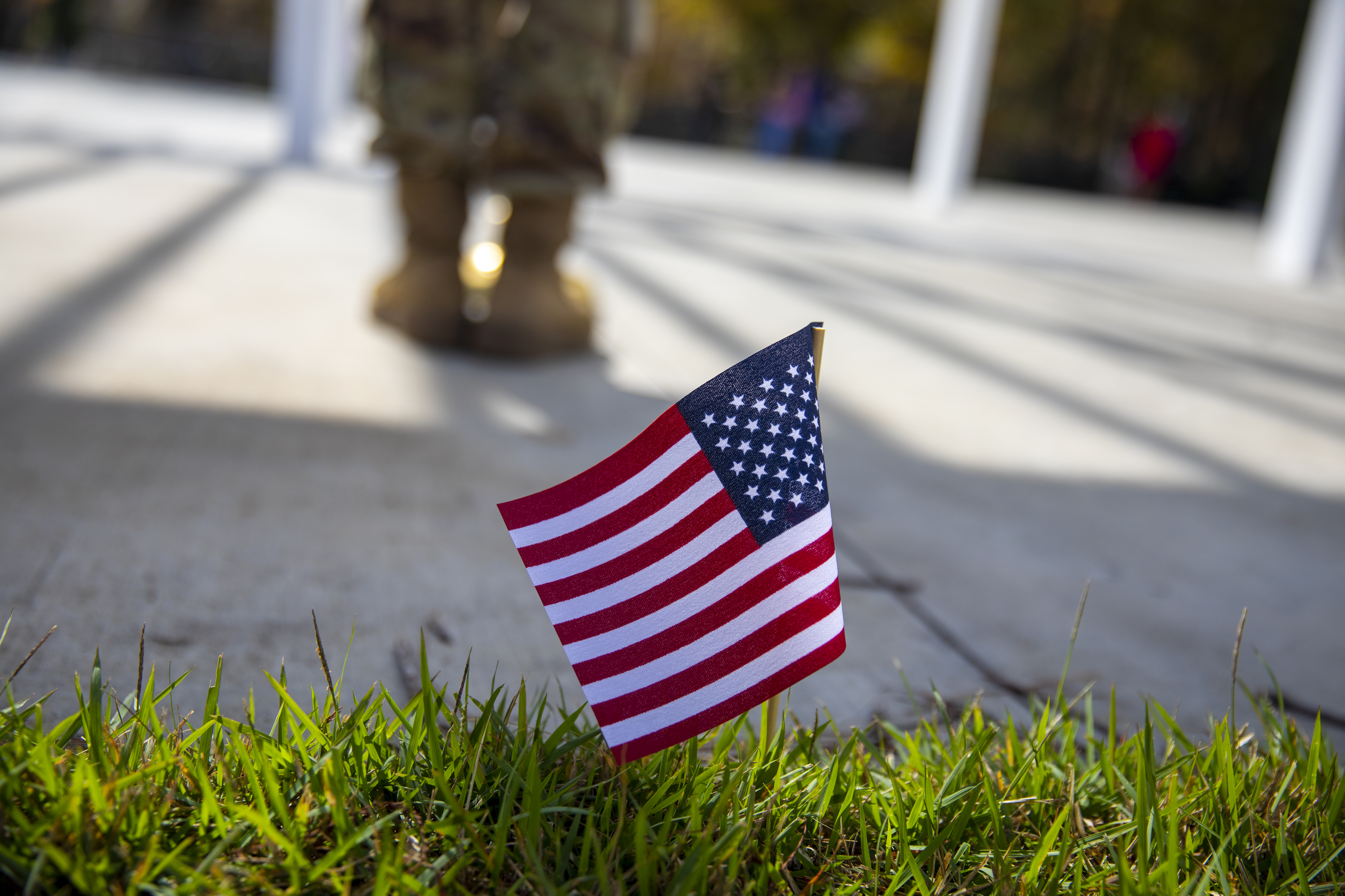 Small American flag stands in green grass. A blurred person stands in the background in veteran attire