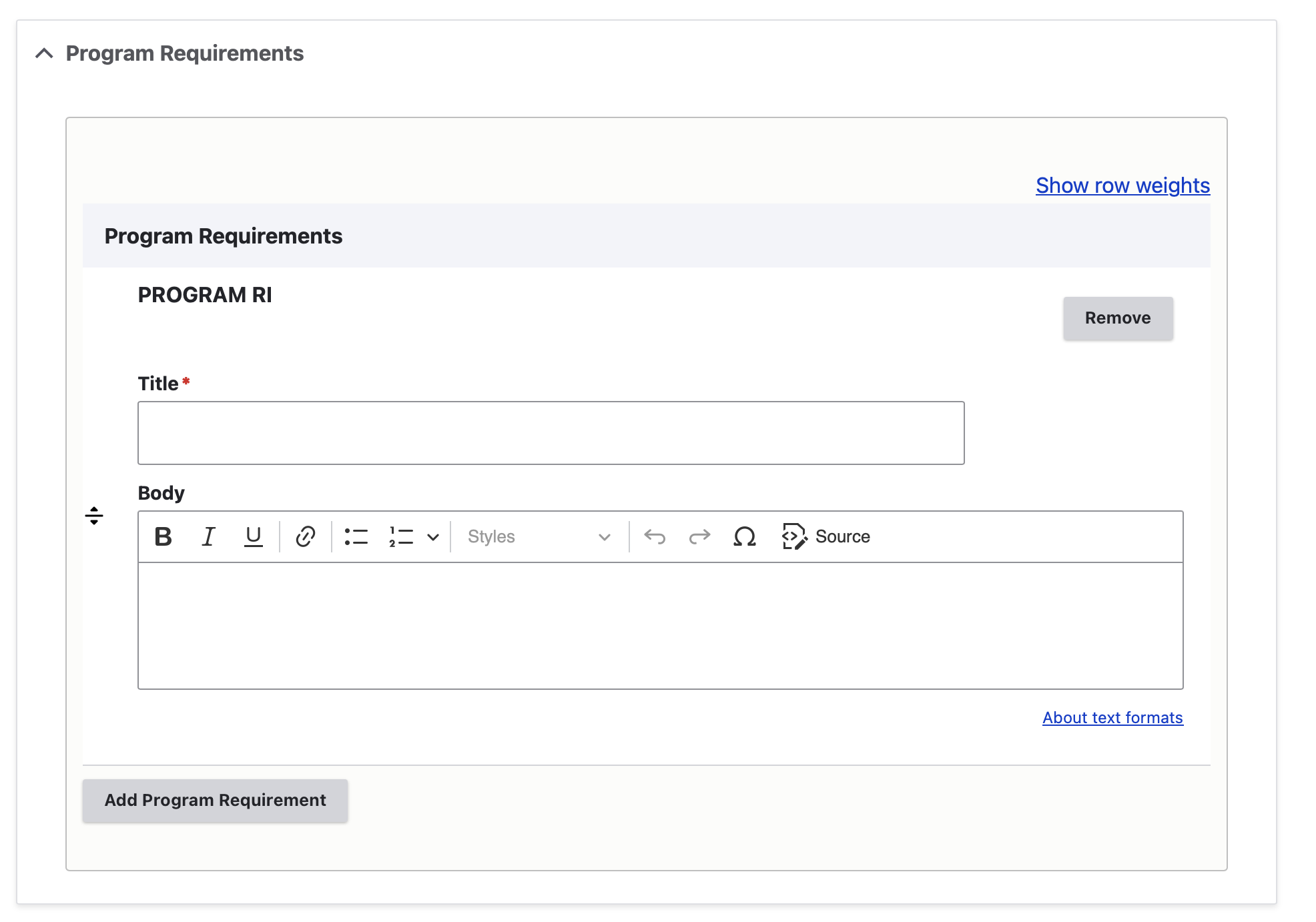 screenshot of backend: program requirements