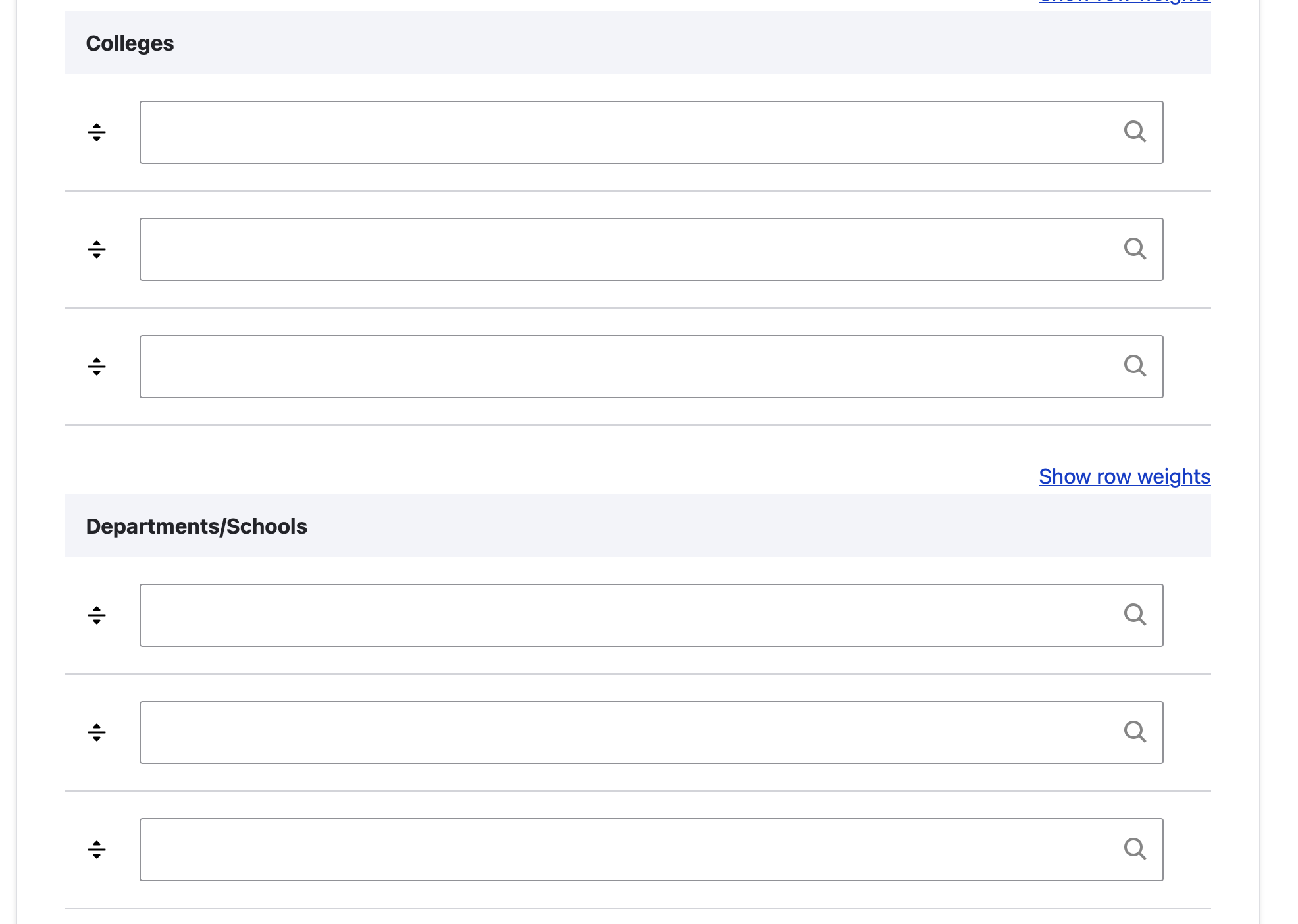 Screenshot of backend: colleges & departments/schools