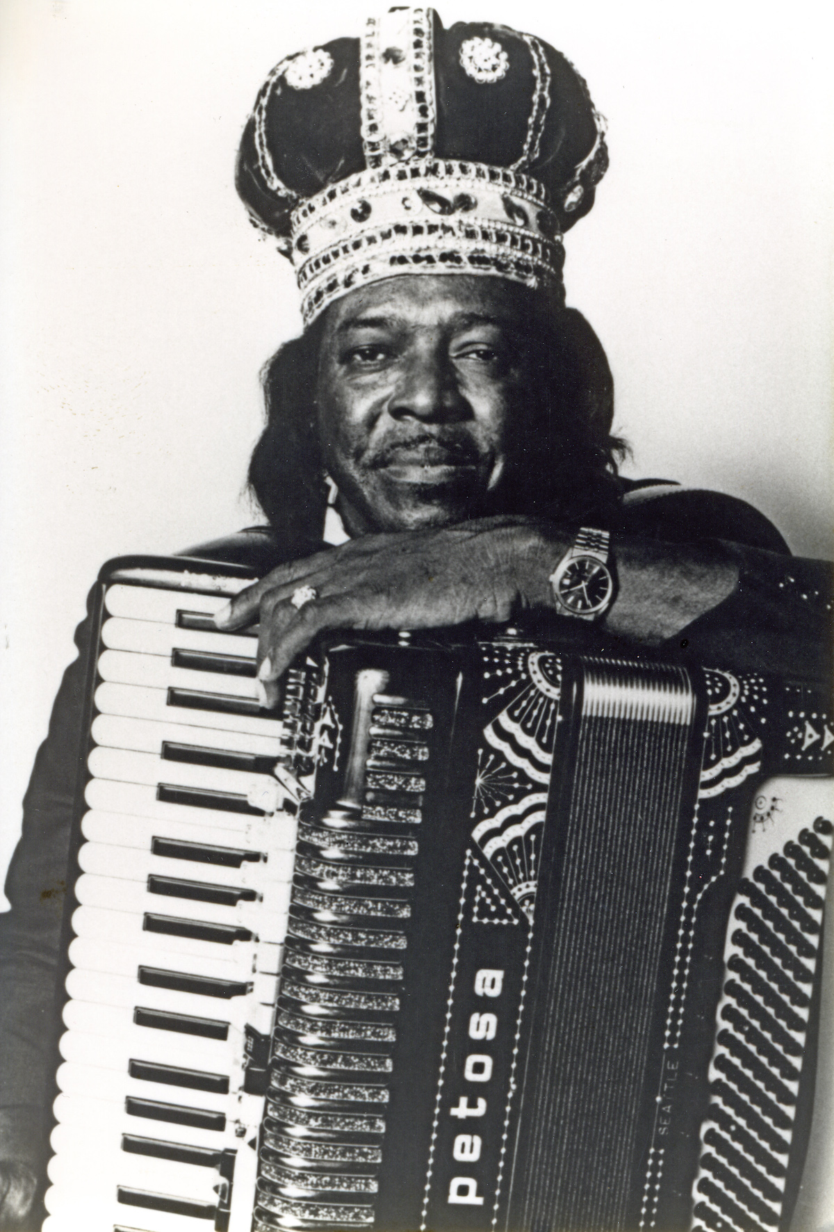 Zydeco legend Clifton Chenier poses with his accordian.