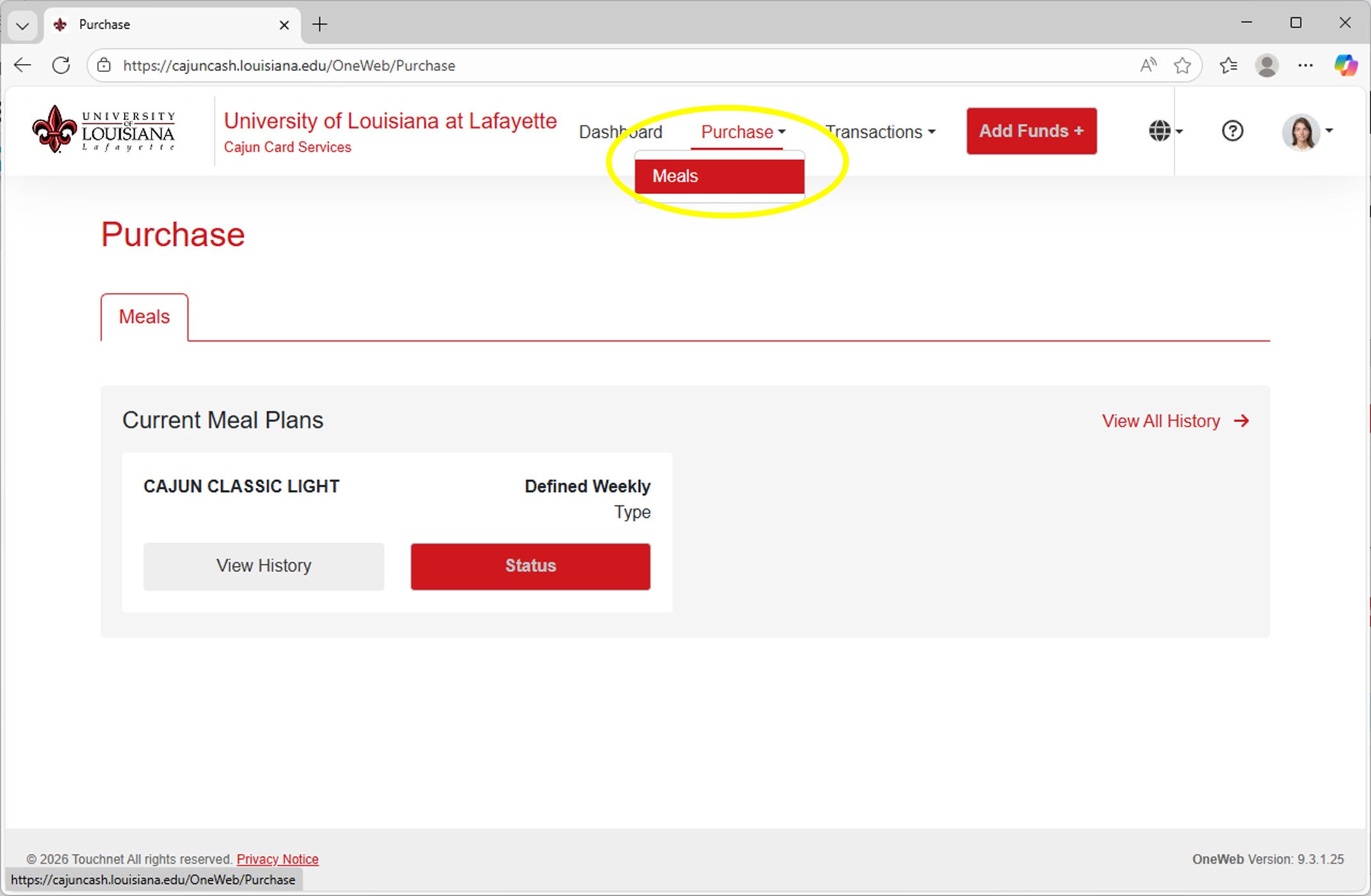 Photo of meal plan status screen