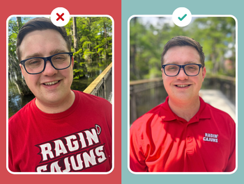 UL Lafayette student shown in two photos: one is tilted and out of focus, the other is clean and balanced.