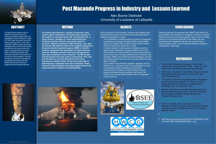 Senior Research Project on "Post Macondo Progress in Industry and Lessons Learned" by Alex Boone Deshotel