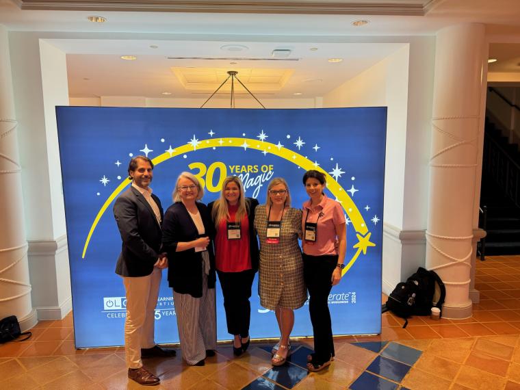 Dr. Francesco Crocco, Assistant Director for Instructional Support; Renee Riser, instructional technologist; Dr. Laura Latiolais, professor; Dr. Latasha Holt, professor; and Marissa Lajaunie, instructor, are pictured at the 2024 Online Learning Consortium Conference.